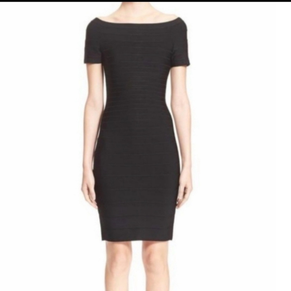 Herve Leger Black Off-Shoulder Midi Dress